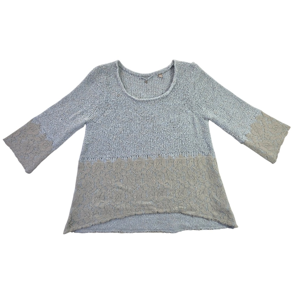 Knitted & Knotted Anthropologie Blue Boucle Lace Trim Wool Alpaca Sweater EUC M